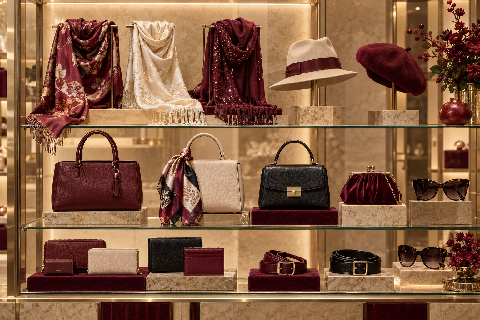 Scarves, handbags, wallets, hats, belts and sunglasses in a glass display