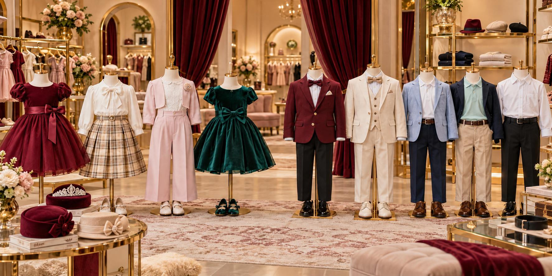 Girls' and boys' party wear and polished casual outfits with dresses, skirts, blouses, suits, slacks, jackets, hats, belts, and shoes