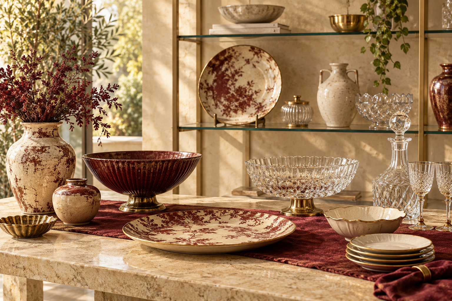 Artisan pottery, platters, crystal dishes and serving pieces