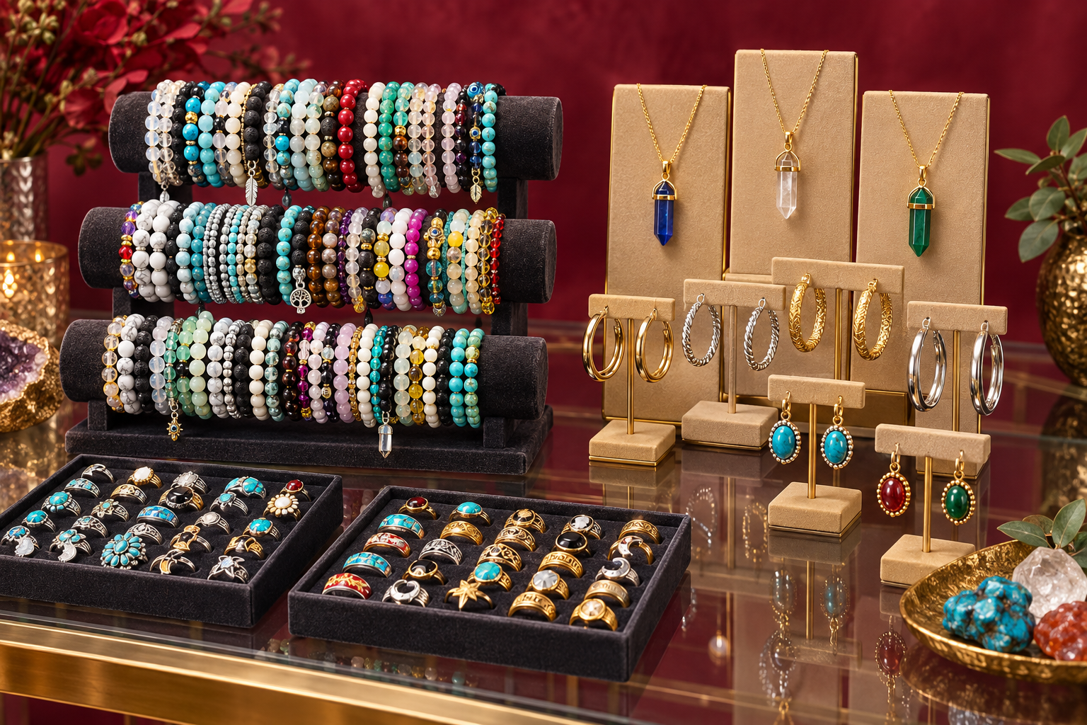 Colorful bracelets, hoop earrings, and crystal pendants in a burgundy boutique display