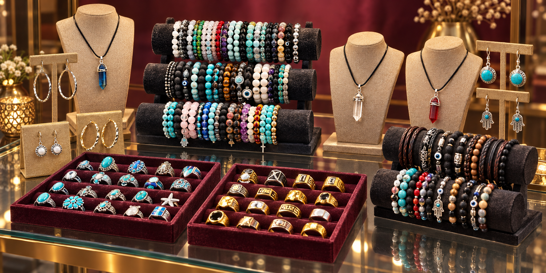 Jewelry collection arranged in an elegant burgundy and golden-sand boutique display