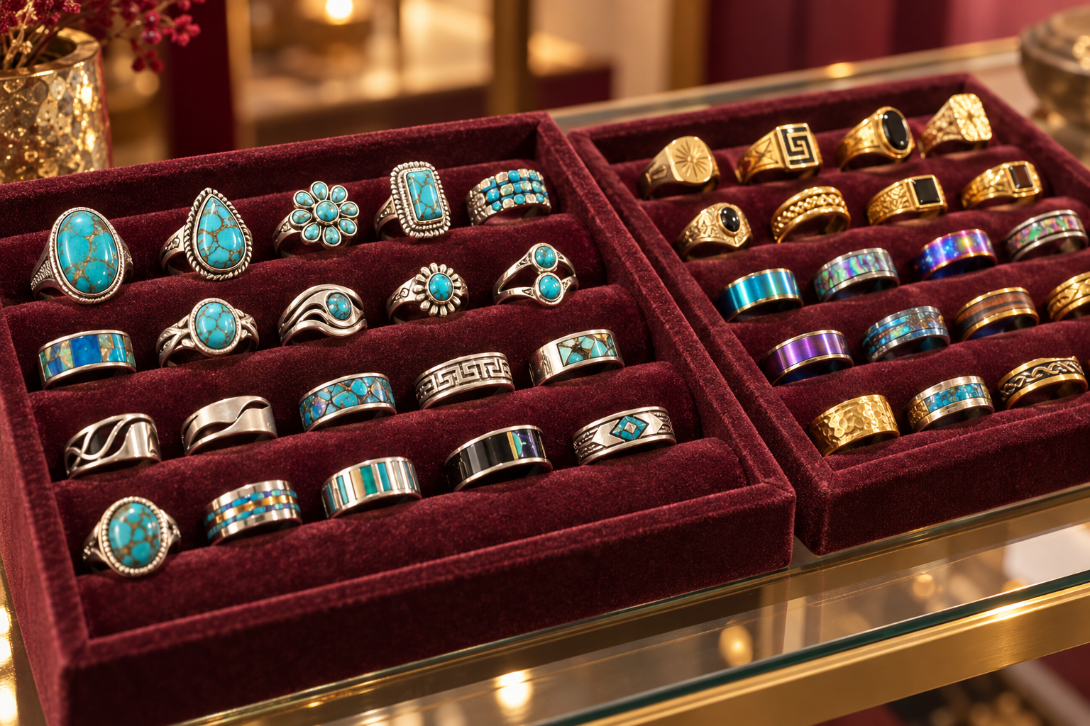 Turquoise, silver, gold-toned, and colorful rings arranged in burgundy velvet trays
