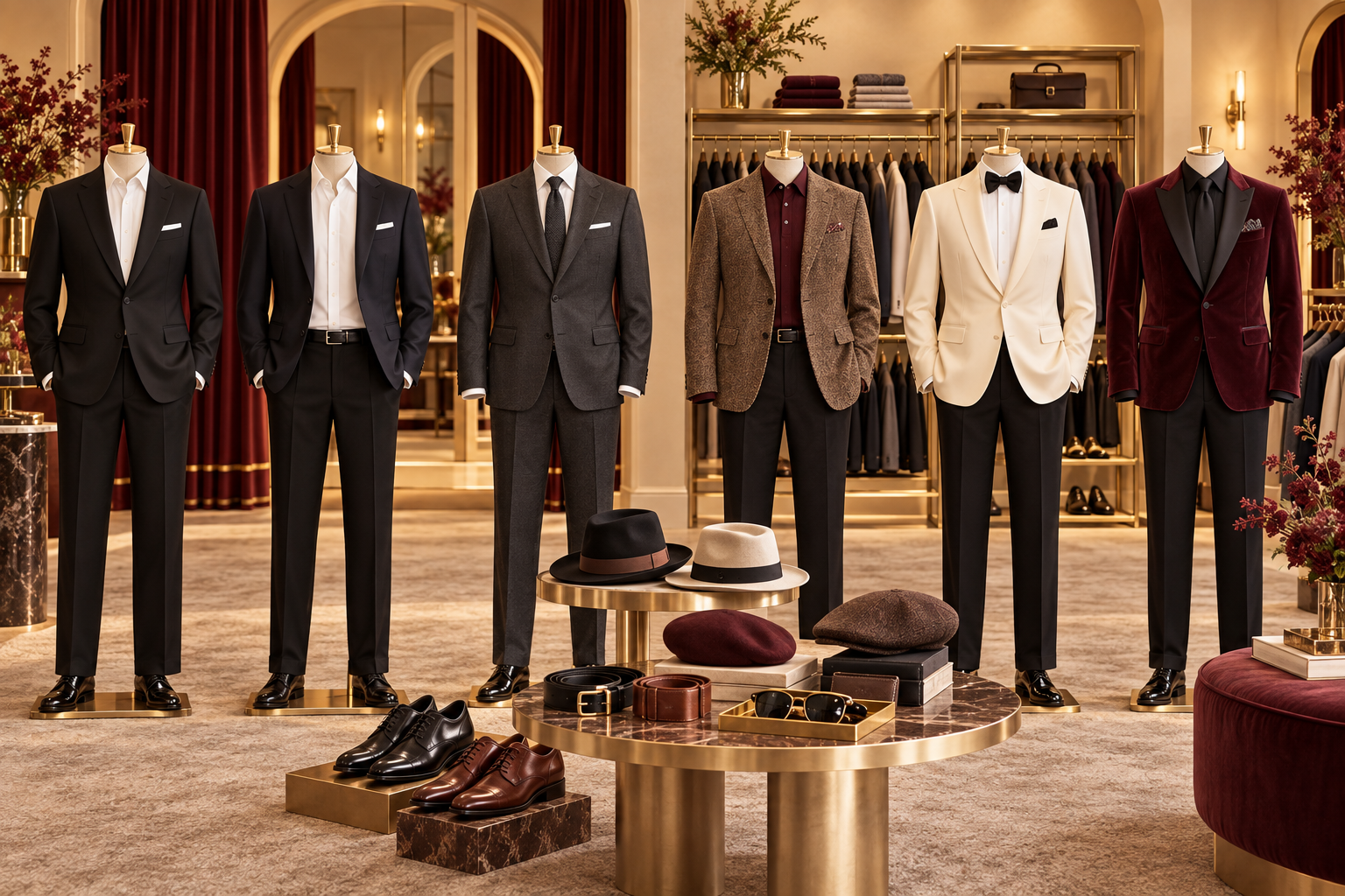 Six men's outfits with suits, jackets, white shirts, black trousers, hats, belts, sunglasses, wallets, and dress shoes