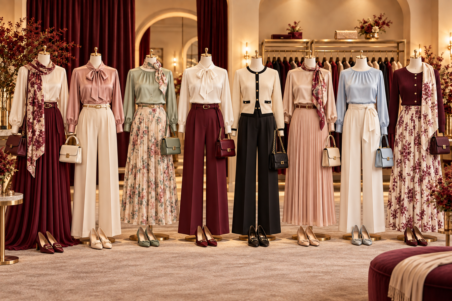 Women's classy casual collection with long skirts, silk blouses, scarves, ribbon-bow shirts, and wide-legged trousers
