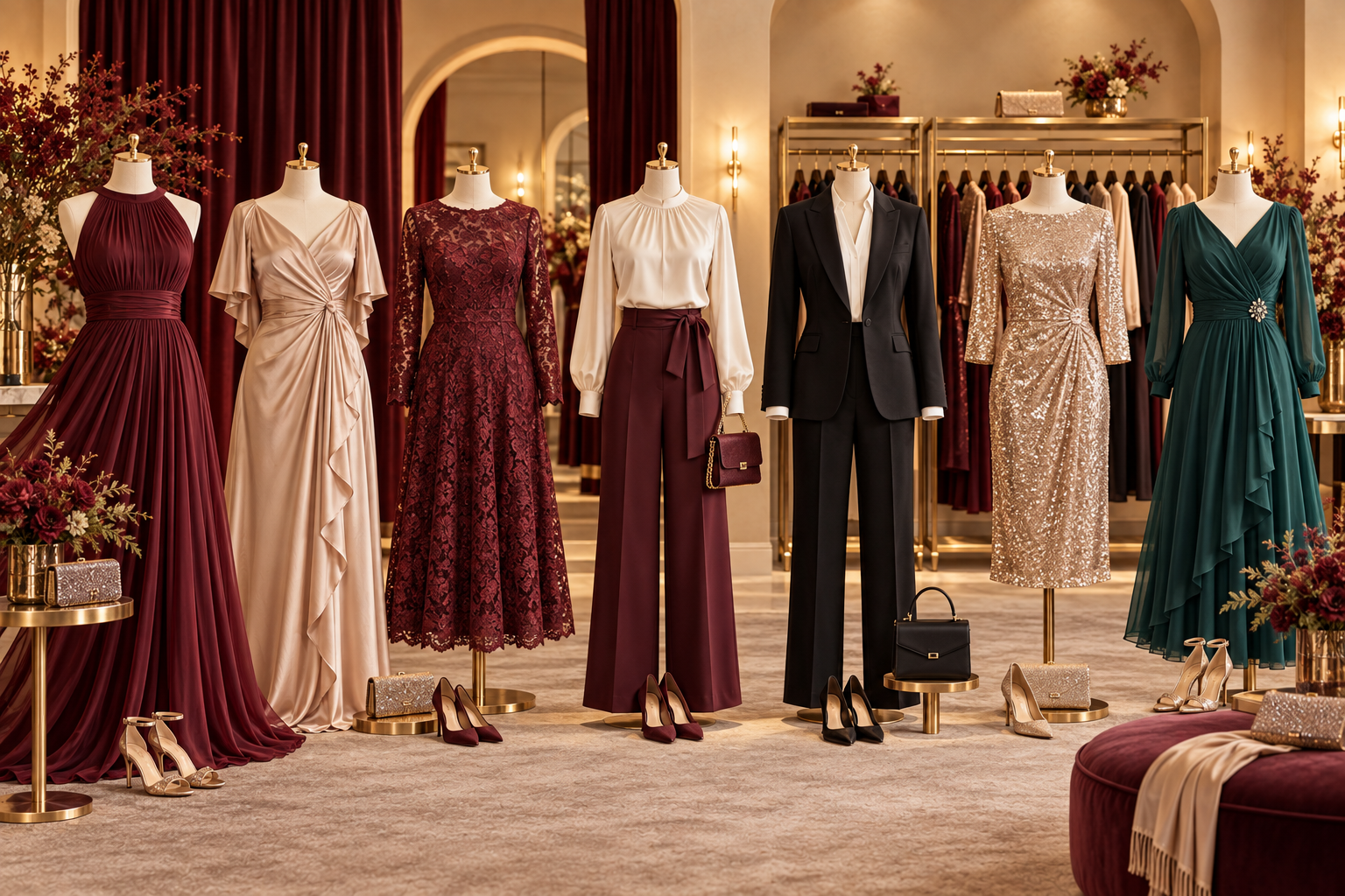 Seven women's occasion looks including burgundy, champagne, lace, tailored, sequined, and jewel-toned clothing